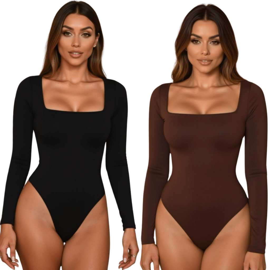 Kit 2 Body Decote Quadrado manga Longa Suplex Collant Liso Básico Frio