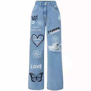 Calça jeans wide leg com desenho estilo pantalona infantil juvenil 10 aos 16