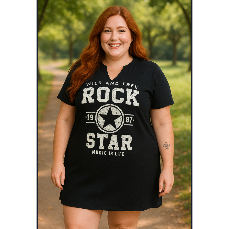 Vestido ou camisetão blusão Rock Star moda plus size Preto azul marinho vermelho roupa feminina tendencia blogueira