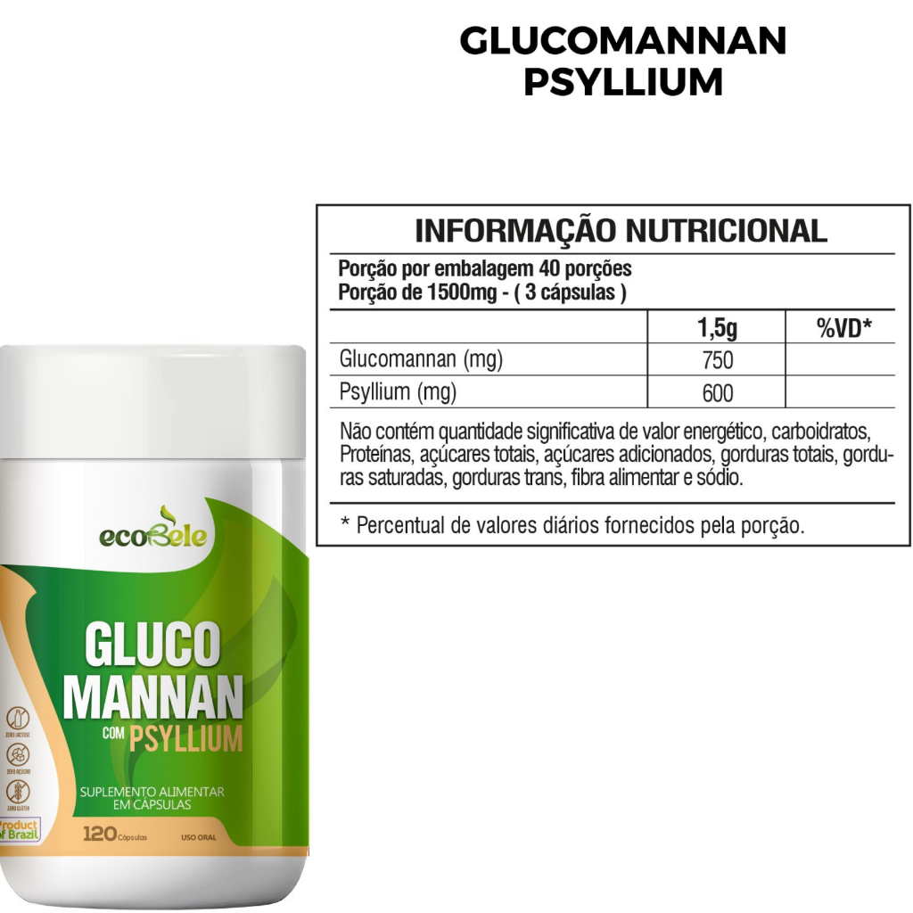 1 Pote Glucomannan 750mg + Psyllium 600mg 120caps Sem Sabor Puro Inbidor Natural