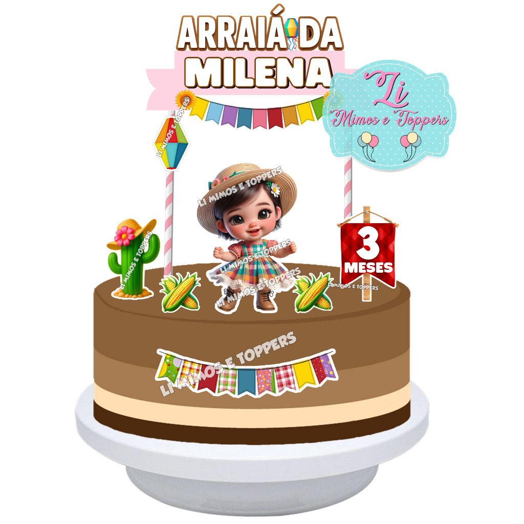 Topper Topo de Bolo Mesversário Festa Junina Julina Menina Baby Personalizado - Arraiá - Caipirinha - Decoração -Arraial