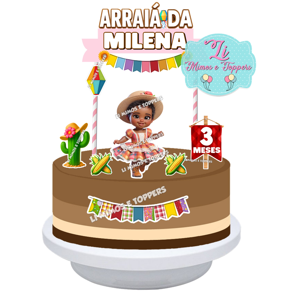 Topper Topo de Bolo Mesversário Festa Junina Julina Menina Baby Morena Afro Negra Personalizado - Arraiá - Caipirinha