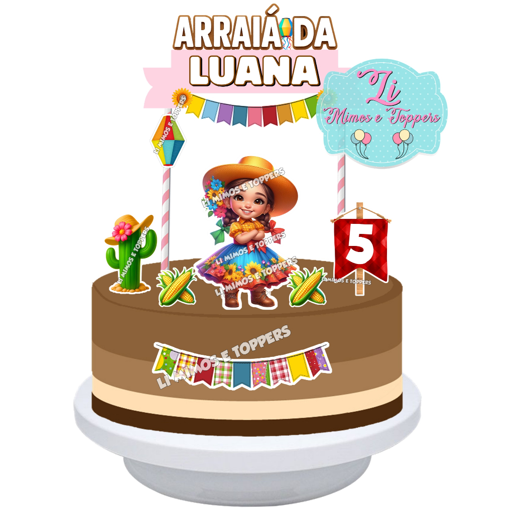 Topper Topo de Bolo Festa Junina Menina Personalizado - Festa Julina- Arraiá - Caipirinha- Enfeite de Bolo - Aniversário