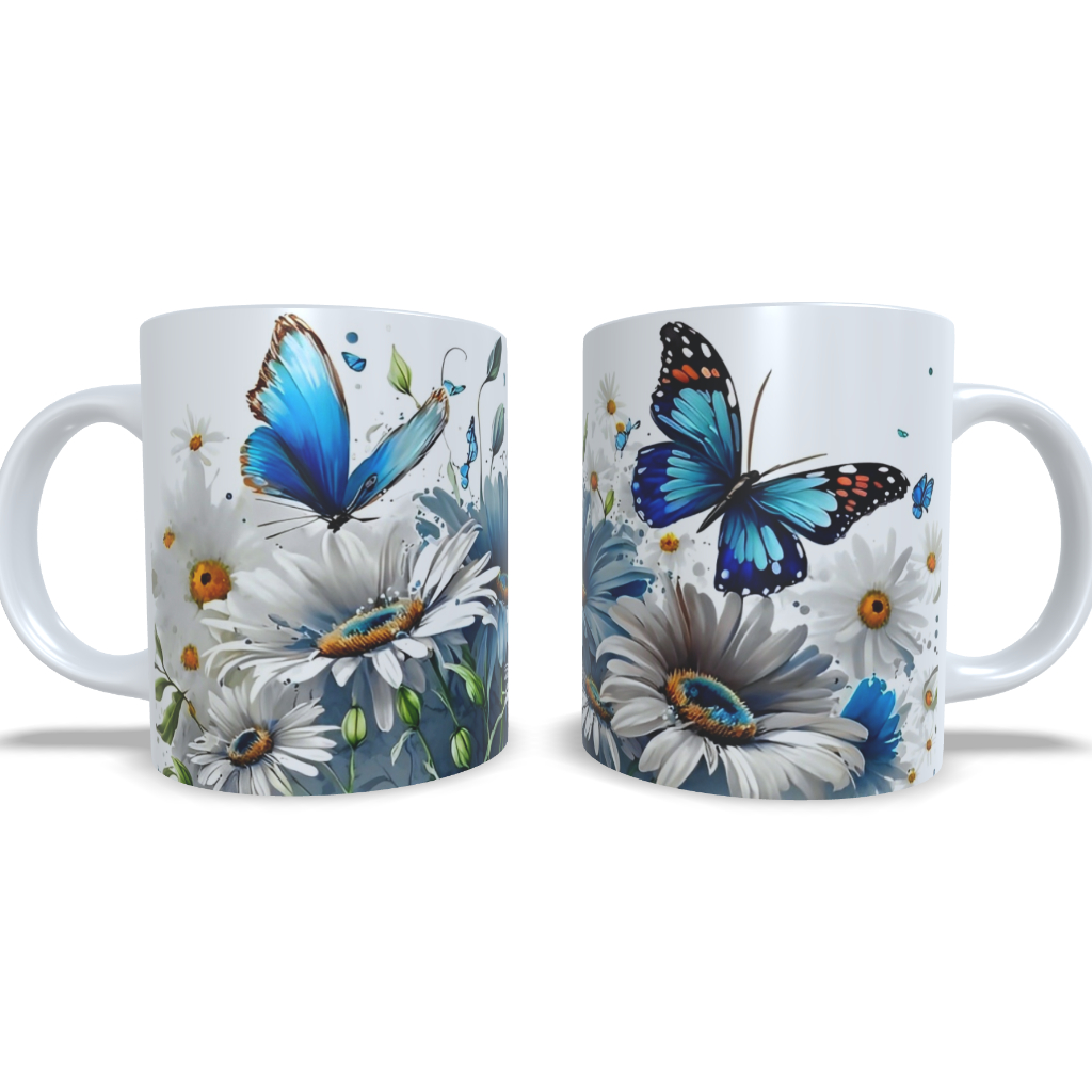 Caneca Borboletas Azuis e Rosas com Flores Brancas 325 ml Porcelana