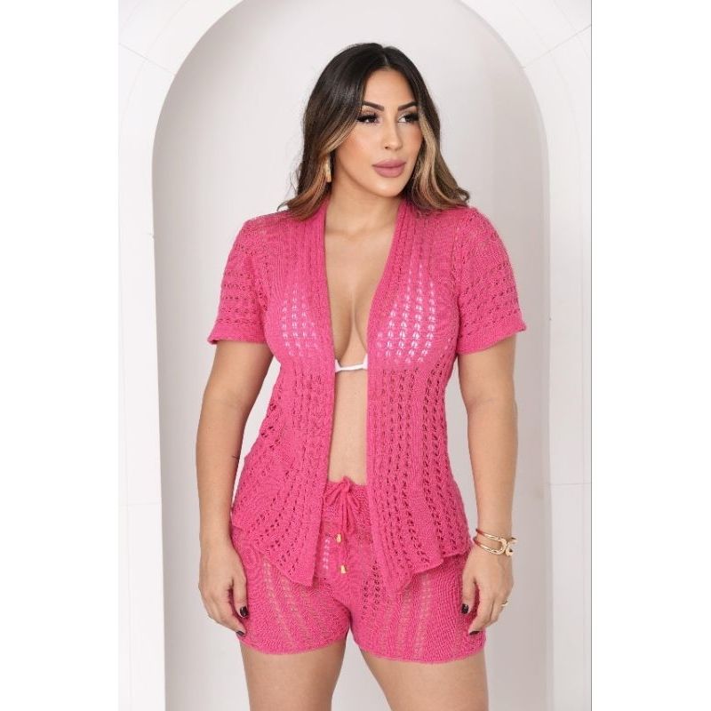 Conjunto de tricot e feminino modal verão shorts e kimono