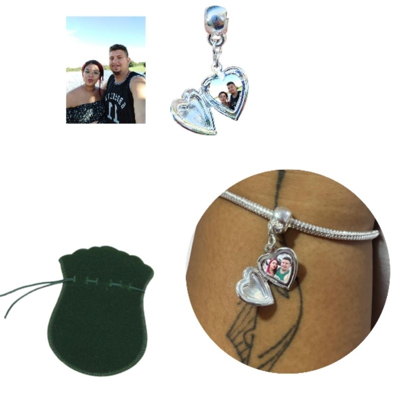 Pingente Berloque Coração Relicário para Pulseira Banhado a Prata 925 com 2 Fotos