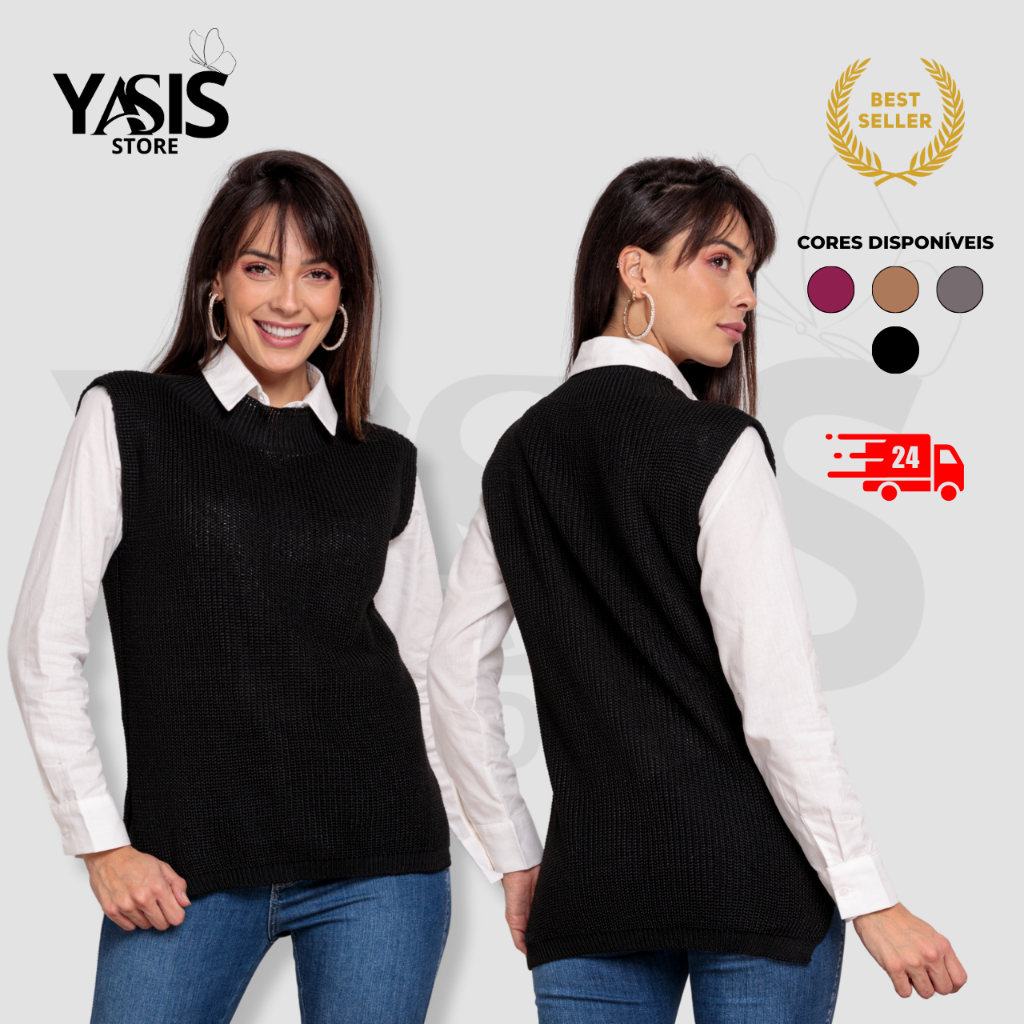 Colete Feminino Tricot Pullover Manga Curta Tendência Outono Inverno Social Fang Básico Premium Tendência Outono Inverno
