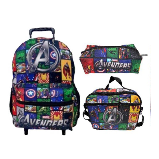 Kit mochila escolar avengers rodinha duas astes (vingadores) + toalinha em Oferta na Shopee