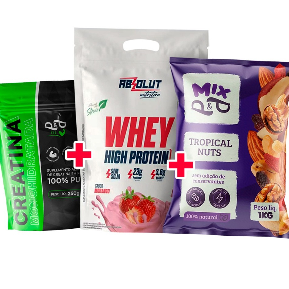 Whey Protein 900g + Creatina 100% Pura 250g + Mix Tropical Nuts Castanha de Caju Pará P&P 1Kg em Oferta na Shopee