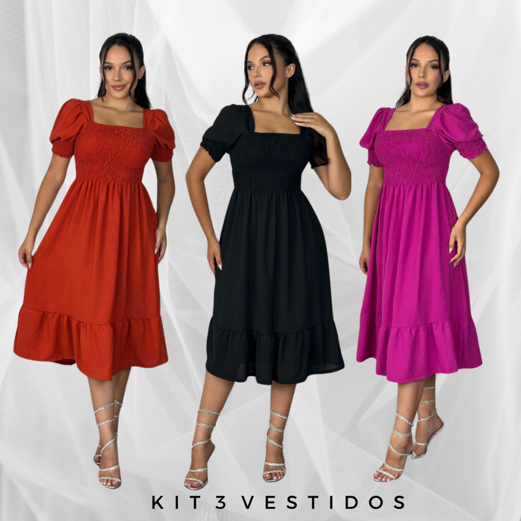 kit 3 Vestido Feminino Midi  Moda Evangélica Babado Princesa Elegante Fresquinho Casual Dia a DIa
