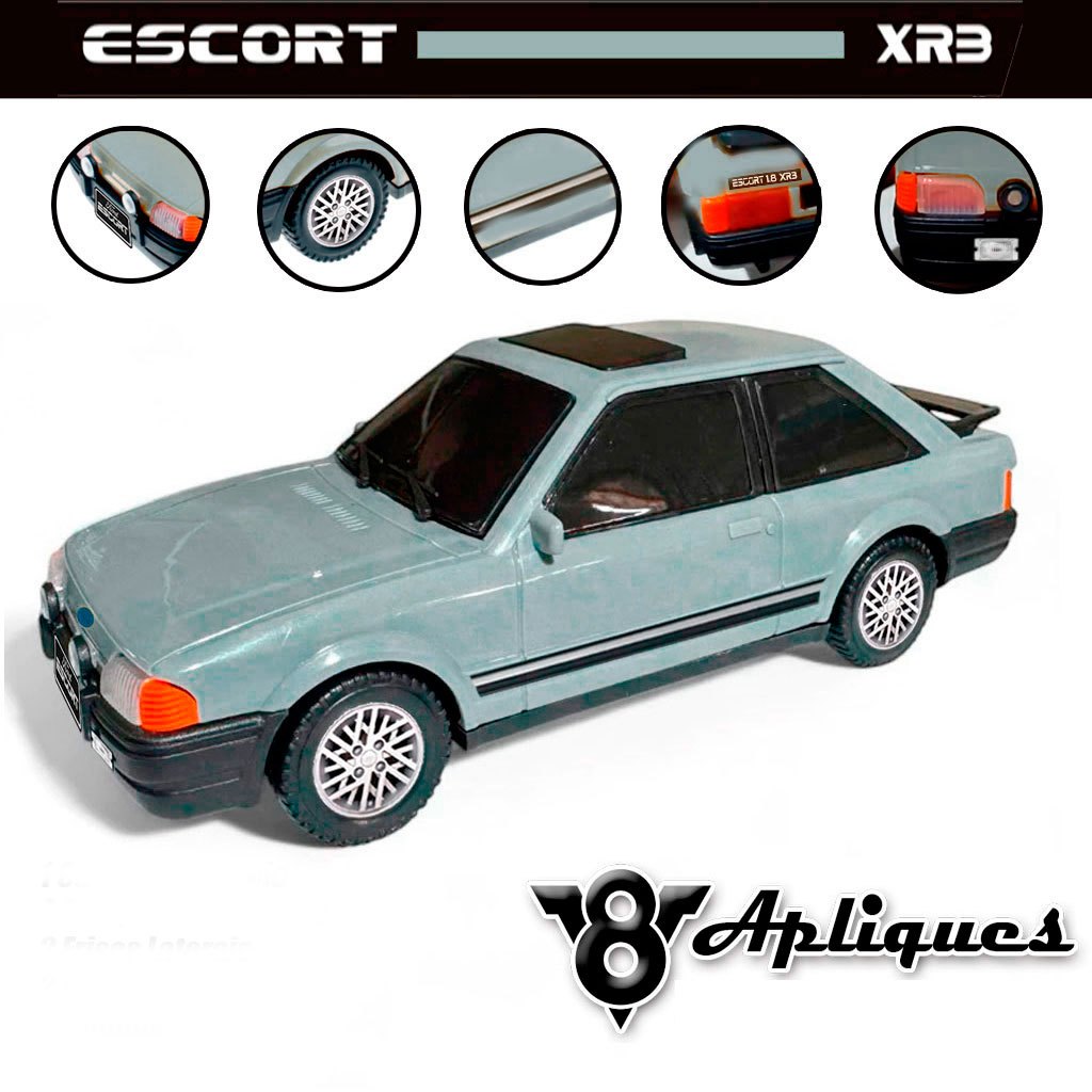 Carro Miniatura 21cm Escort Xr3 + Kit de Apliques Exclusivo Rodas lateral placas emblemas em papel
