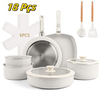 Jogo de Panelas de 18 Peças com Fundo Triplo Cerâmico, para Indução e Gás, com Cabo Removível em Oferta na Shopee