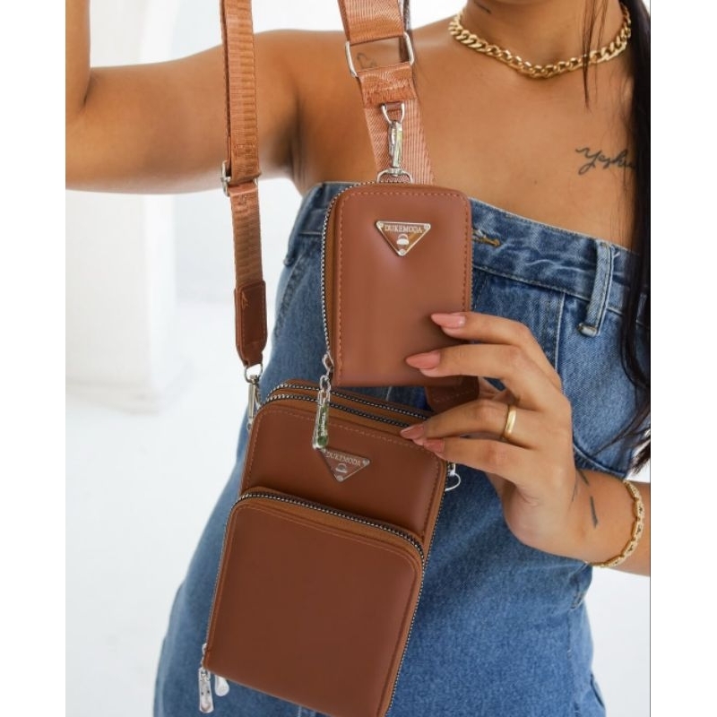Bolsa feminina porta celular cartão e divisória com 3 zíper e alça transversal tiracolo