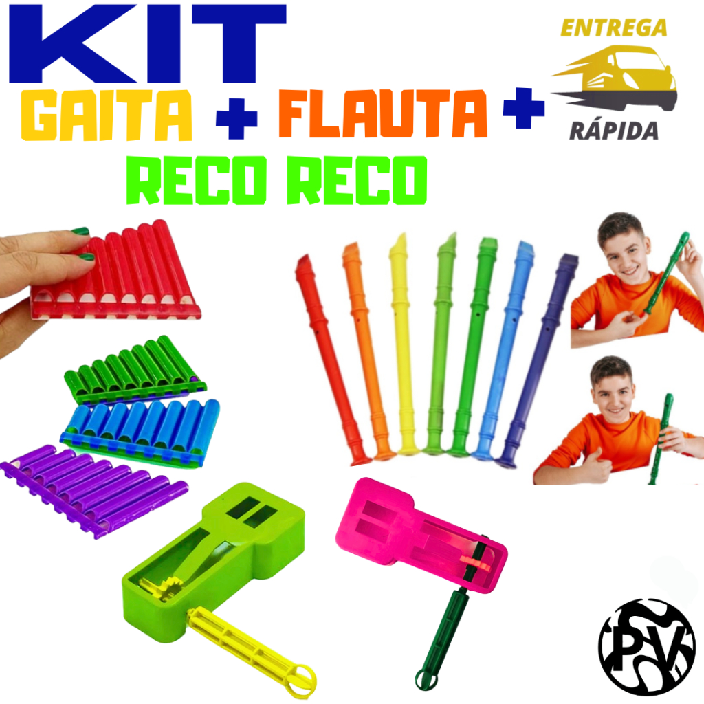 Kit  musical gaita sorveteiro mais flauta mais reco reco lembrancinha brinquedo prenda cores sortidas
