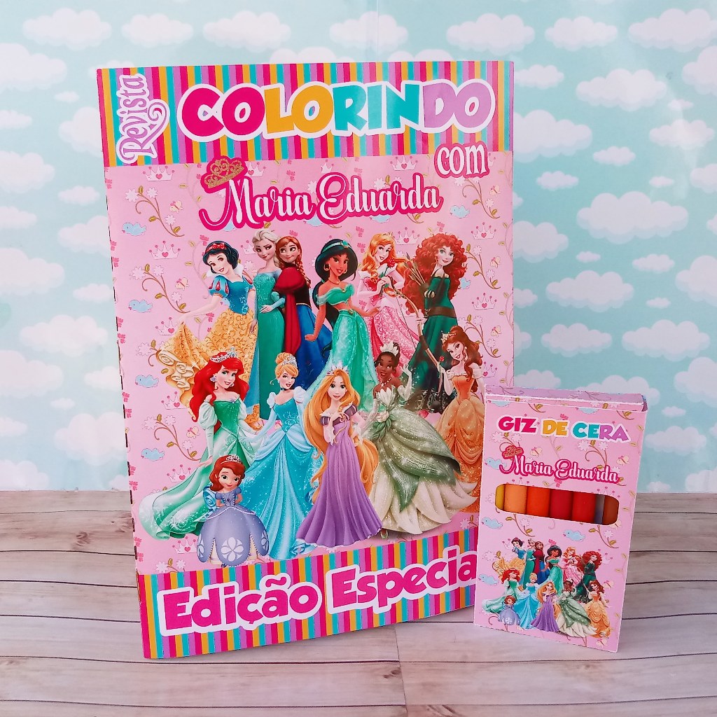 Kit Colorir Princesas da Disney - Lembrancinha Aniversário Infantil c\ Giz de Cera 10 unidades