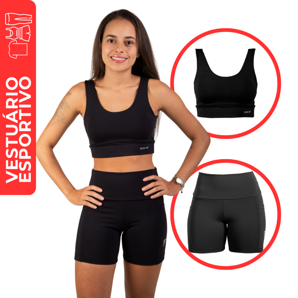 Conjunto Top Academia e Short Compressão Poliamida Fitness com Bolso Feminino Targ Me Corrida