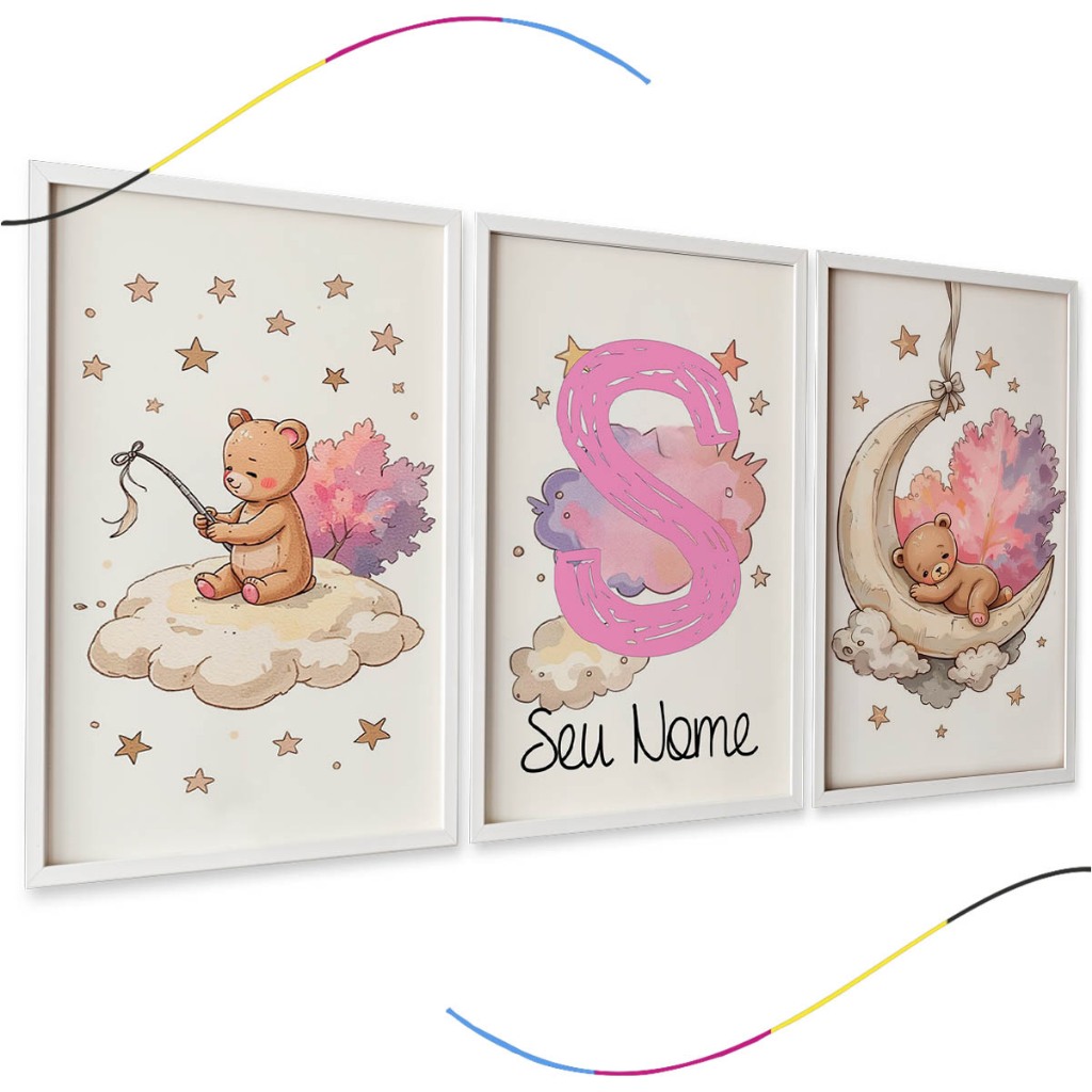 Quadros Decorativos Infantis, Urso na Lua e Nuvem, Arte em Aquarela, Conjunto com 3 Peças, com nome