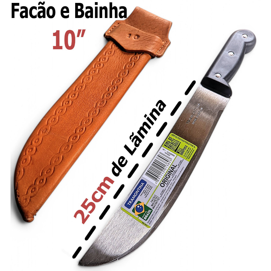 Kit Facão Tramontina 10" Polegadas mato galho cana pescaria + bainha em couro legítimo
