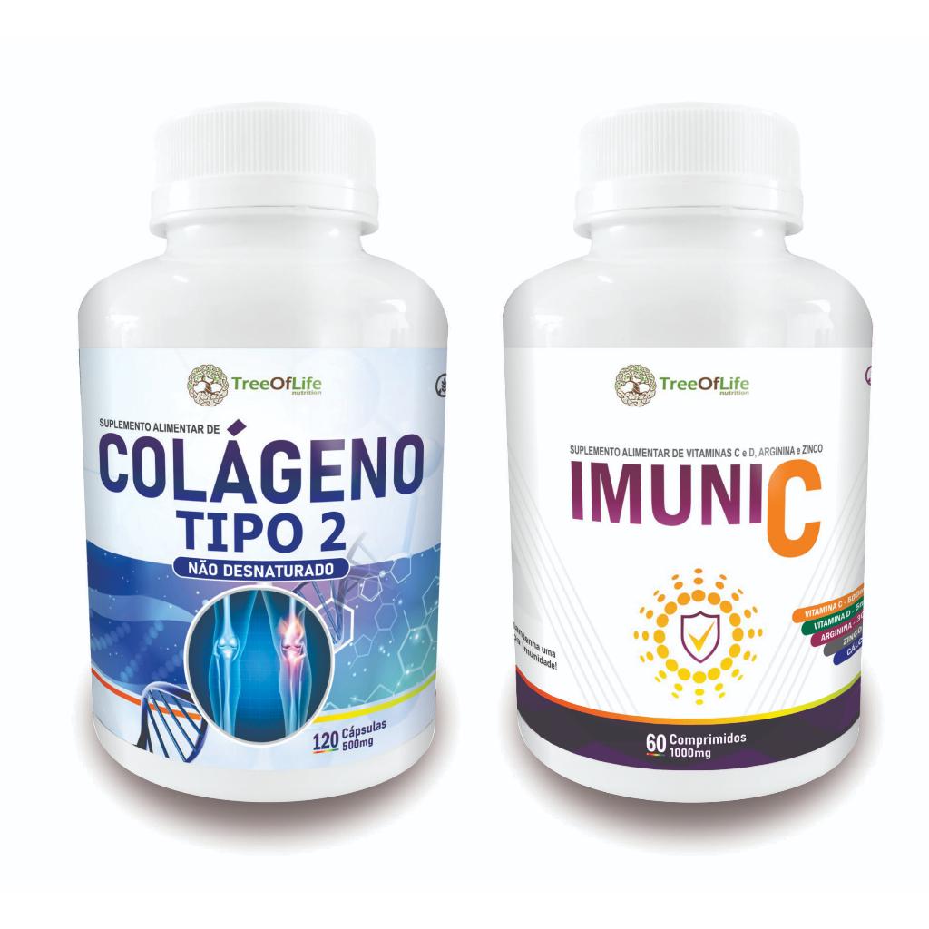 Colágeno Tipo 2 II 120 Cápsulas 40mg + Imuni C Vitamina C D Arginina Zinco 60 Comprimidos 1000mg
