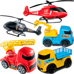 Kit C/5 Produtos,Retroescavadeira,Carroceria,1 Caminhão De Bombeiro,1 Helicóptero Bombeiro e Policia