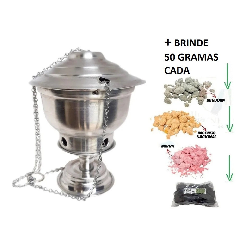 Turibulo Incensário Polido Com Pé Jta Mais Kit Defumação em Oferta na Shopee
