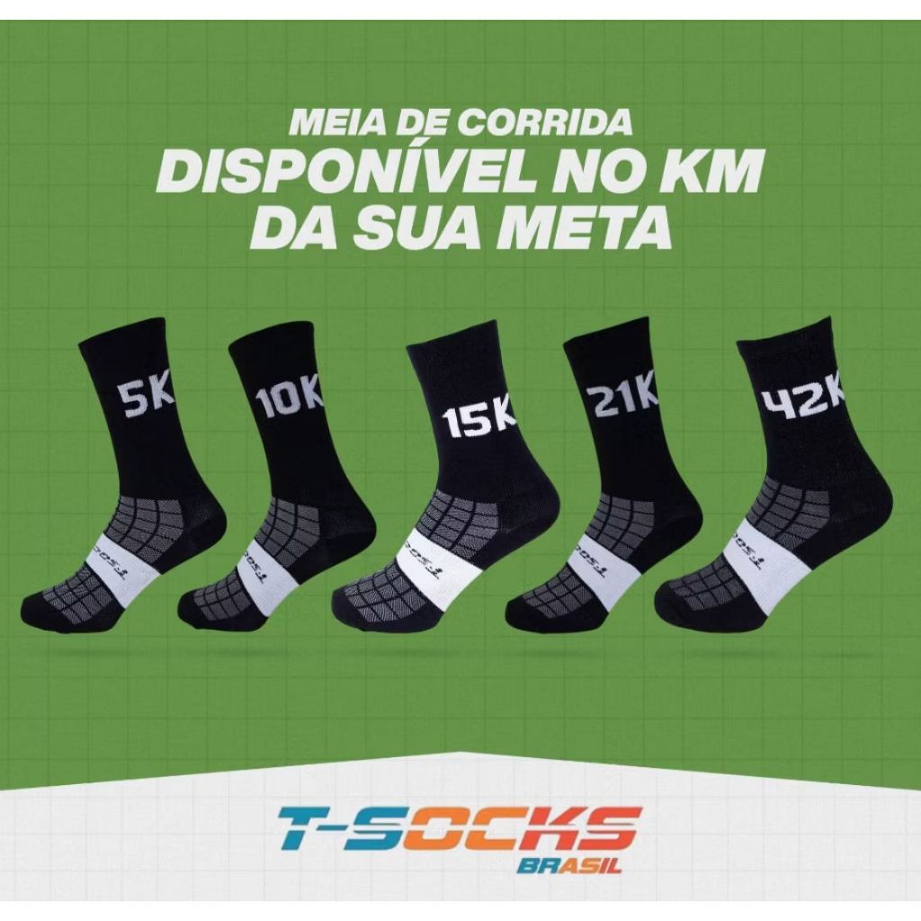 Kit com 2 Meias Esportivas T-Socks em poliamida– KM da Sua Meta | Corrida, Bike, Crossfit