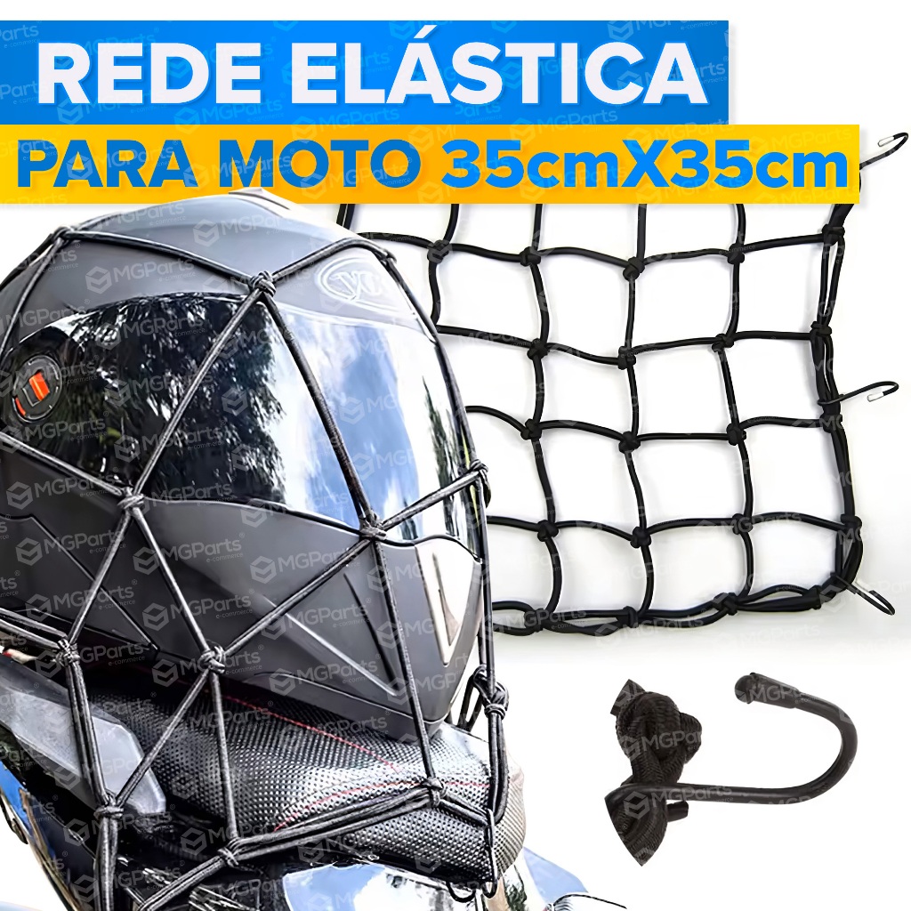 Kit Rede Elástica Aranha Com 2 Cordas Extensoras Capacete Moto Bagageiro Fixação Ganchos 35x35 Motocicletas