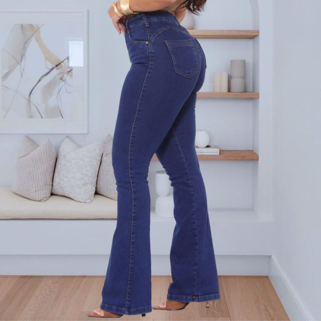 Calça Jeans Flare Feminina Pantalona Cintura Alta Boca de Sino Premium Lycra Elegante Levanta Bumbum em Oferta na Shopee
