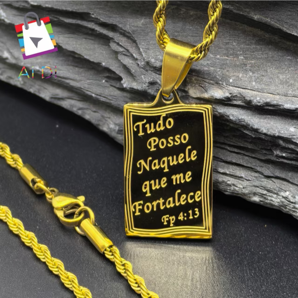 Corrente Unissex Aço Inox 316L com Pingente "Tudo Posso" – Prata ou Dourado em Oferta na Shopee
