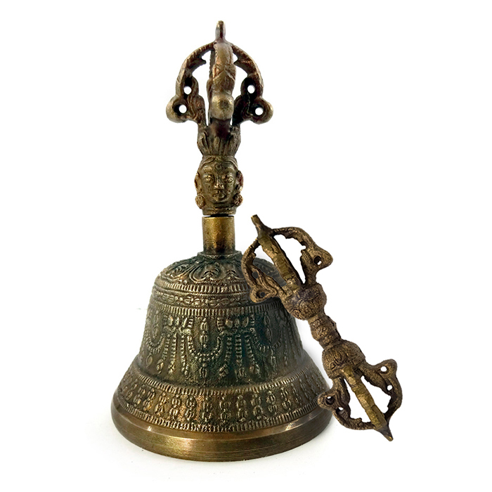 Imagem Sino Gantha Tibetano Grande 15 x 8 cm +Dorje Tibetano Vajra Budista 11 x 4 cm	