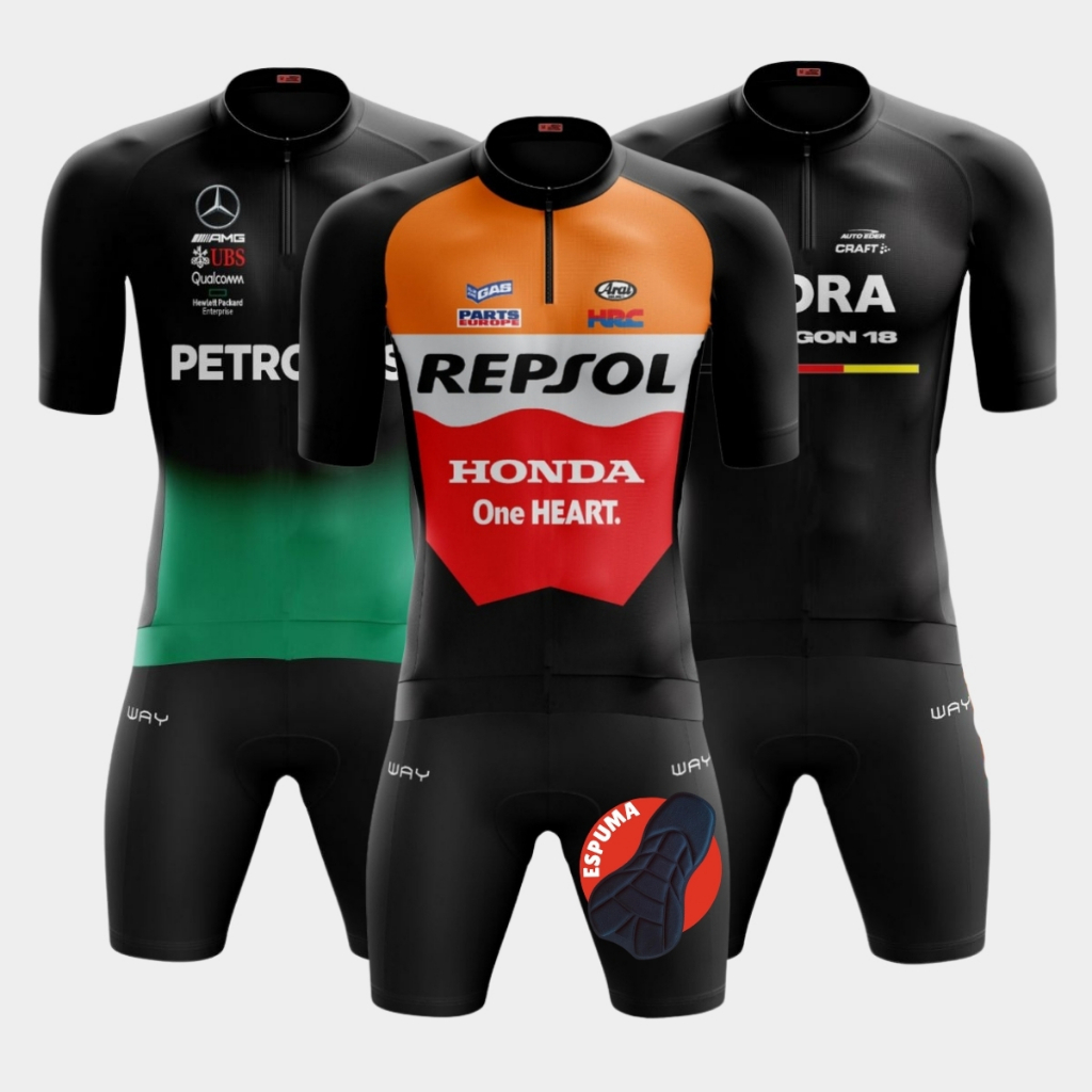 Conjunto de Ciclismo Masculino Camisa Pro Várias Estampas e Bermuda Acolchoada Espuma Way Bike