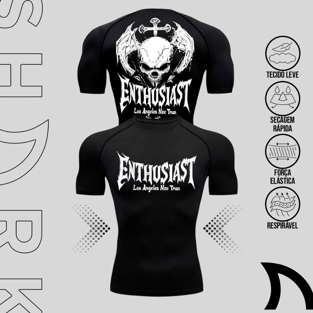 Camiseta Compressao Masculina Dry Fit Treino Esportivo Academia Manga Curta Gym Gotica Caveira Skull
