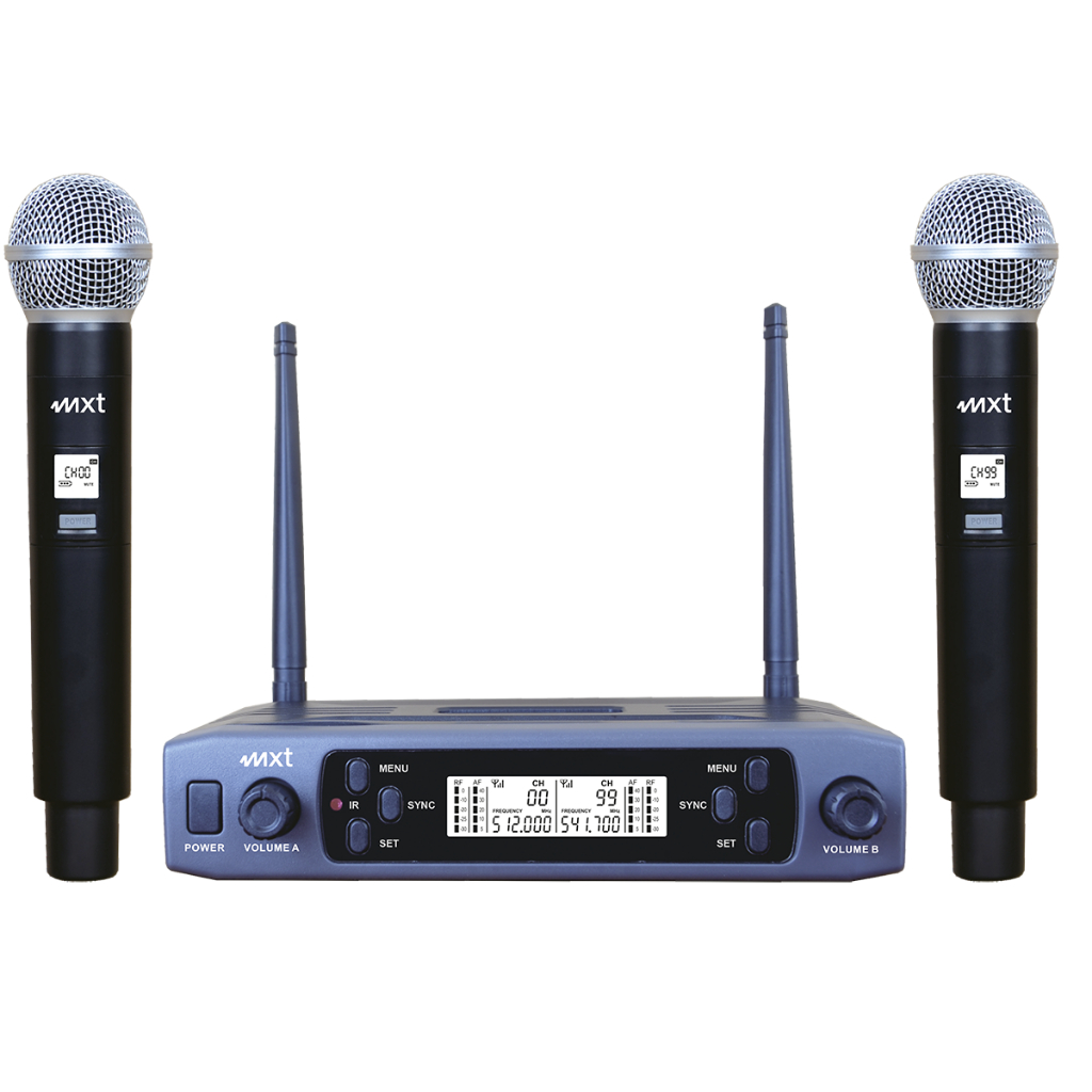 Microfone Sem Fio Duplo MXT UHF-527M 100 Canais Alcance 100m Visor Digital com Maleta Preto microfone profissional