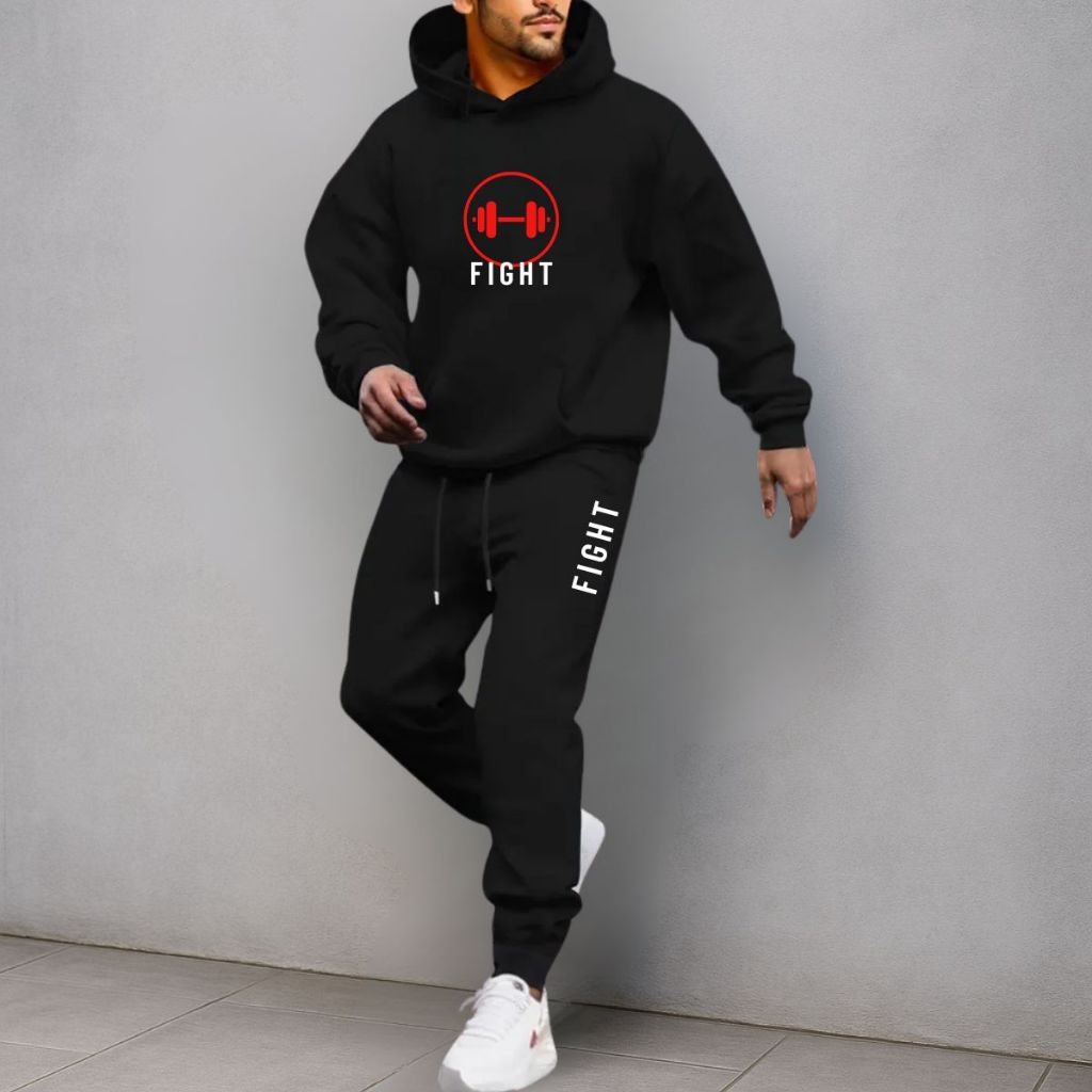 Moletom Conjunto Musculação Canguru + Calça Algodão Flanelado Treino Casual Moda Masculina Inverno