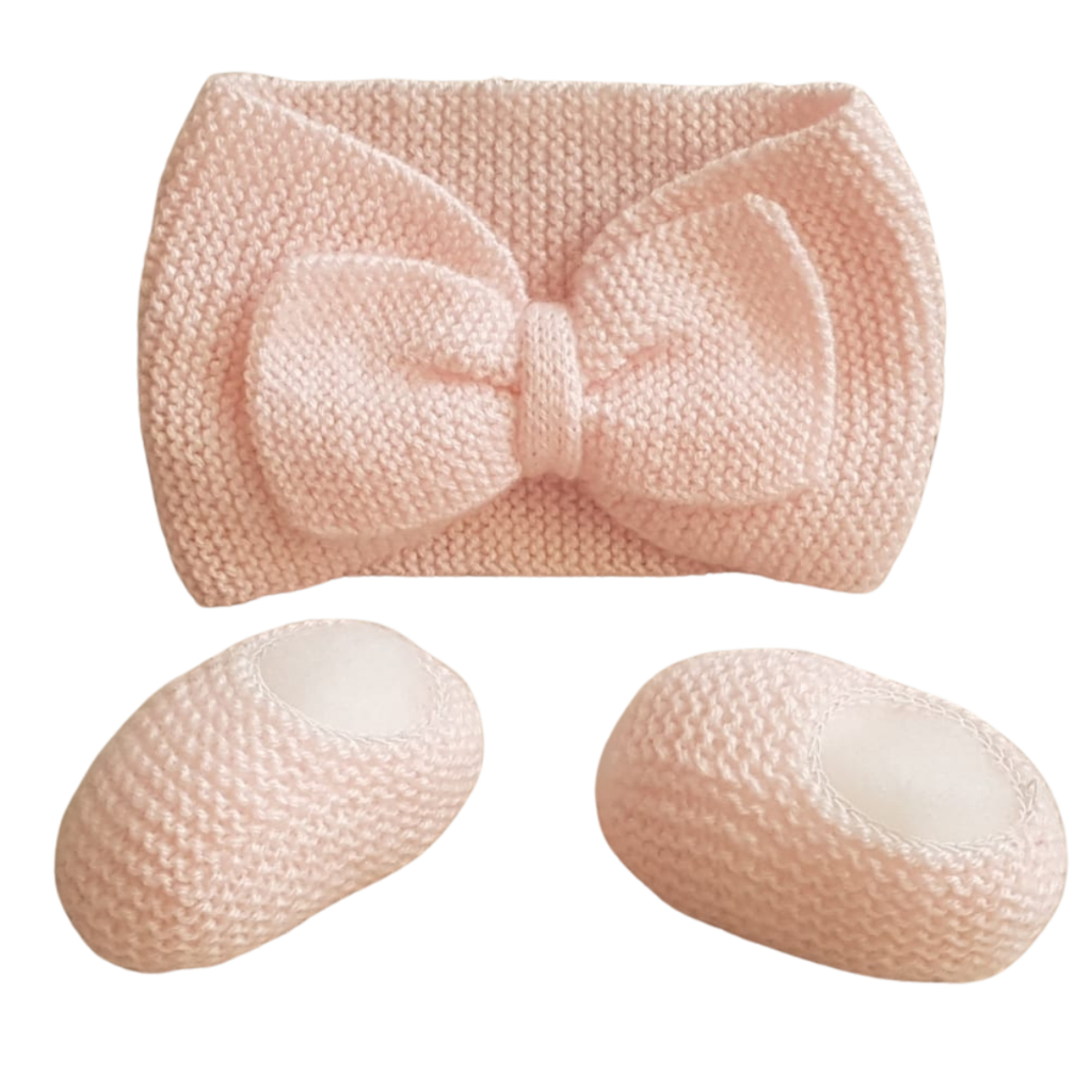 Turbante Faixa E Sapatinho Bebê Recém Nascido - 3 Meses Headbands Lã Em Tricô Kit Rosa Claro