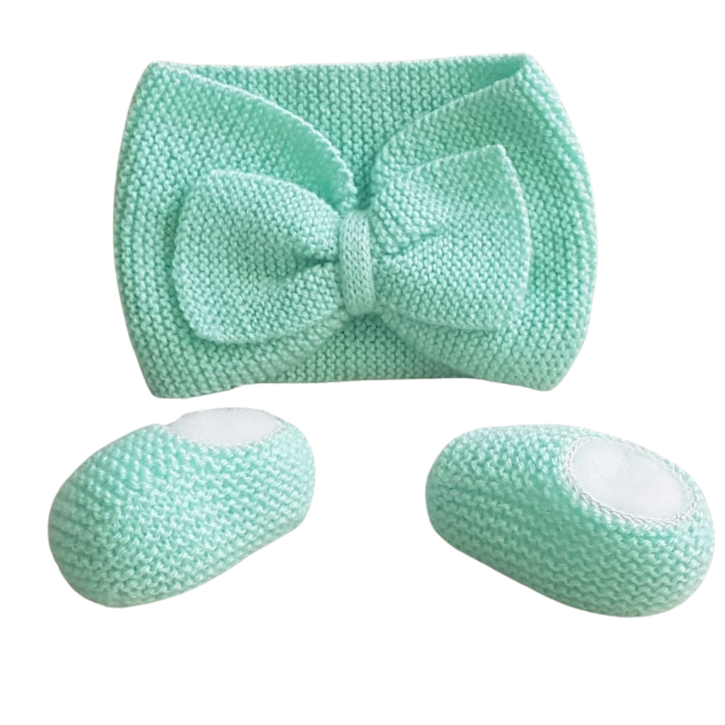 Turbante Faixa E Sapatinho Bebê Recém Nascido - 3 Meses Headbands Lã Em Tricô Kit Verde Limão