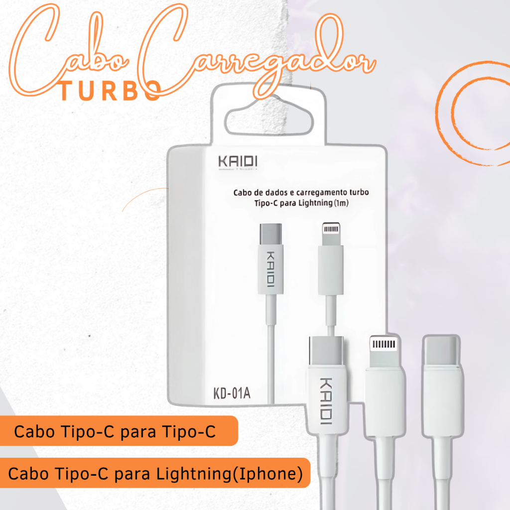 Cabo de Dados Carregador Turbo Ultra Rápido 2 Metros Tipo C / lightning Iphone KAIDI  Resistente