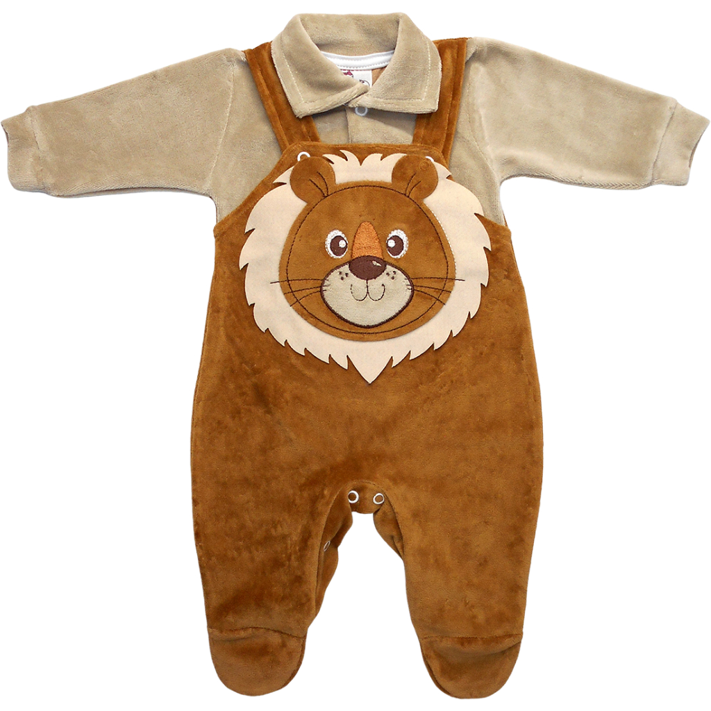 Macacão Bebê Jardineira Plush Bordado Leão Menino Inverno Moda