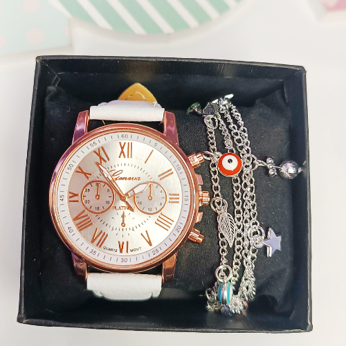 Conjunto Relógio Feminino Kit Colar Brinco Pulseira Anel Preto Relogio Femenino Bijuterias Femininas