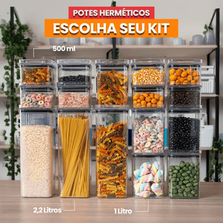 Escolha Seu Kit Potes Herméticos para Mantimentos de Cozinha Alimentos Armário Acrílico Plástico