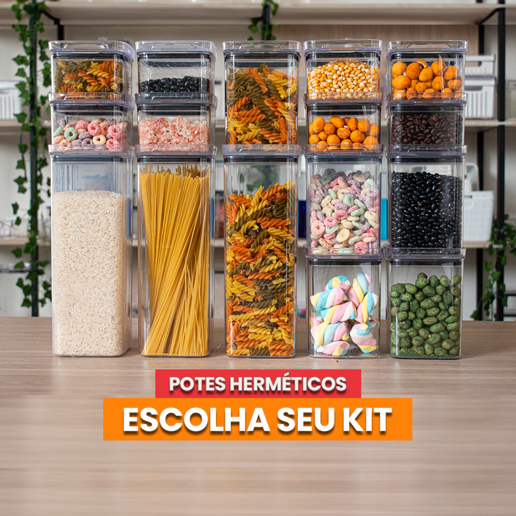 Monte seu Kit Pote Hermético para Mantimentos de Cozinha Dispensa Armário Acrílico Cristal Livre BPA