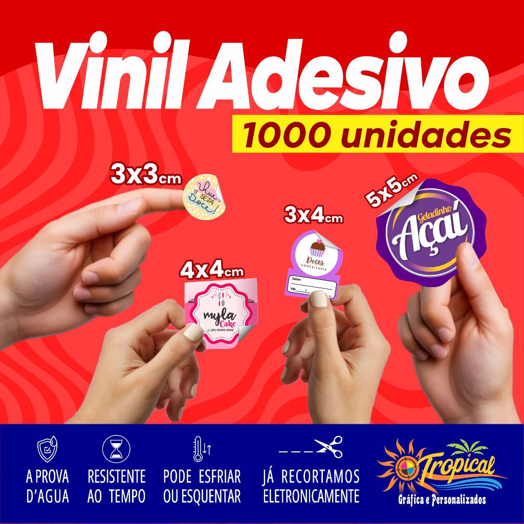 1000 Adesivos, etiquetas e rótulos em Vinil  3x3 4x4 5x5 3x4 personalizados a prova dágua em Oferta na Shopee