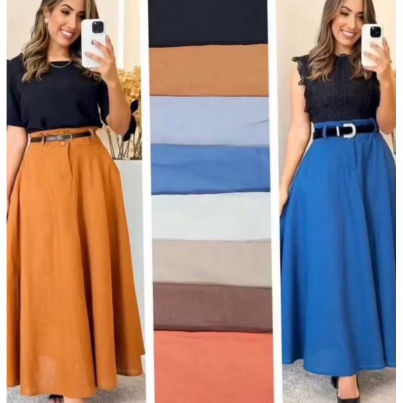 SAIA RODADA LONGA FEMININA ALFAIATARIA MODA EVANGÉLICA CASUAL BÁSICA INVERNO CINTURA ALTA ELEGANTE TENDÊNCIA em Oferta na Shopee
