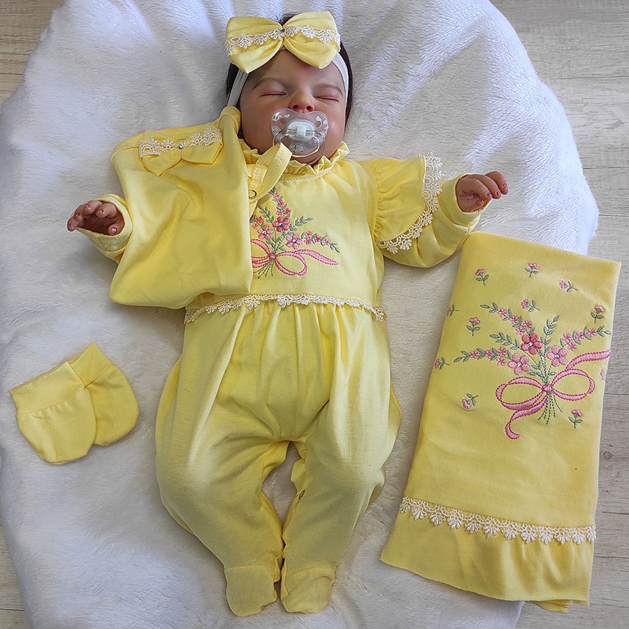Roupa Saída de Maternidade Bebê Menina Sonho Meu Lacinhos Amarelo/Rosê em Malha