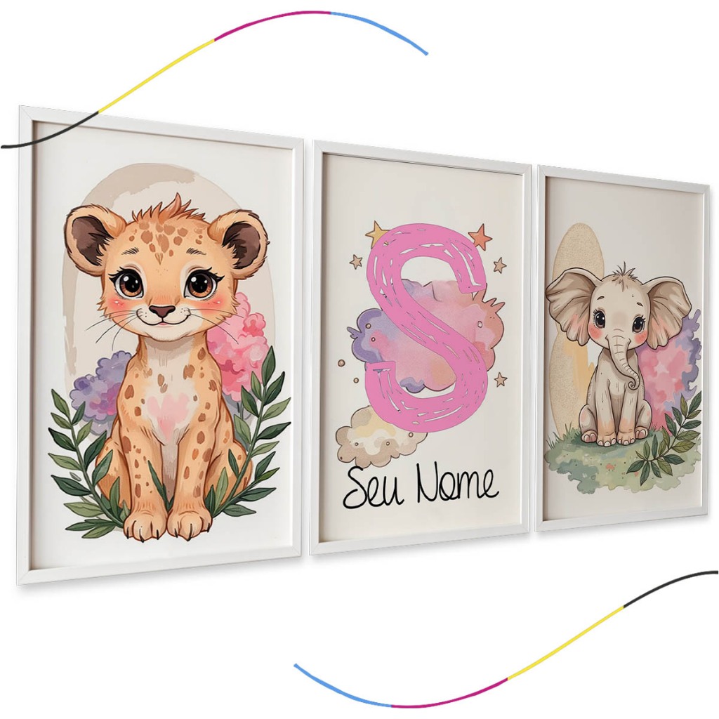 Trio de Quadros Decorativos Infantis, Safari Baby, Leãozinho e Elefante, Personalizável com Nome