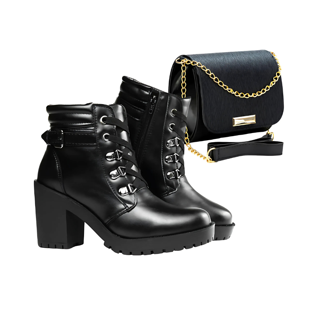 Bota Coturno Feminino Salto Alto Cano Liso Curto Tratorado Confortável Leve e Estiloso + Bolsa