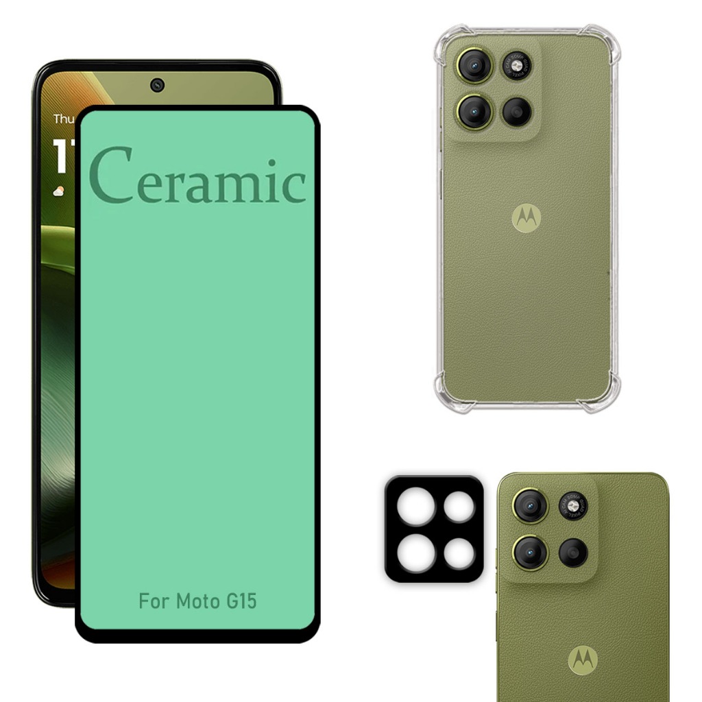 Kit Para Moto G15 | Película de Cerâmica - Capa Anti Shock - Película da Câmera 3D