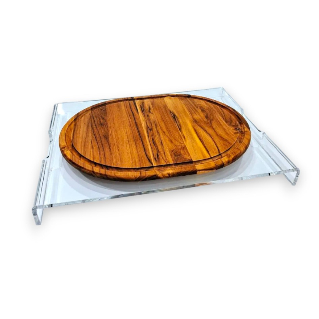 Tábua De Madeira Teka Com Suporte Sofisticado Em Acrílico Cristal