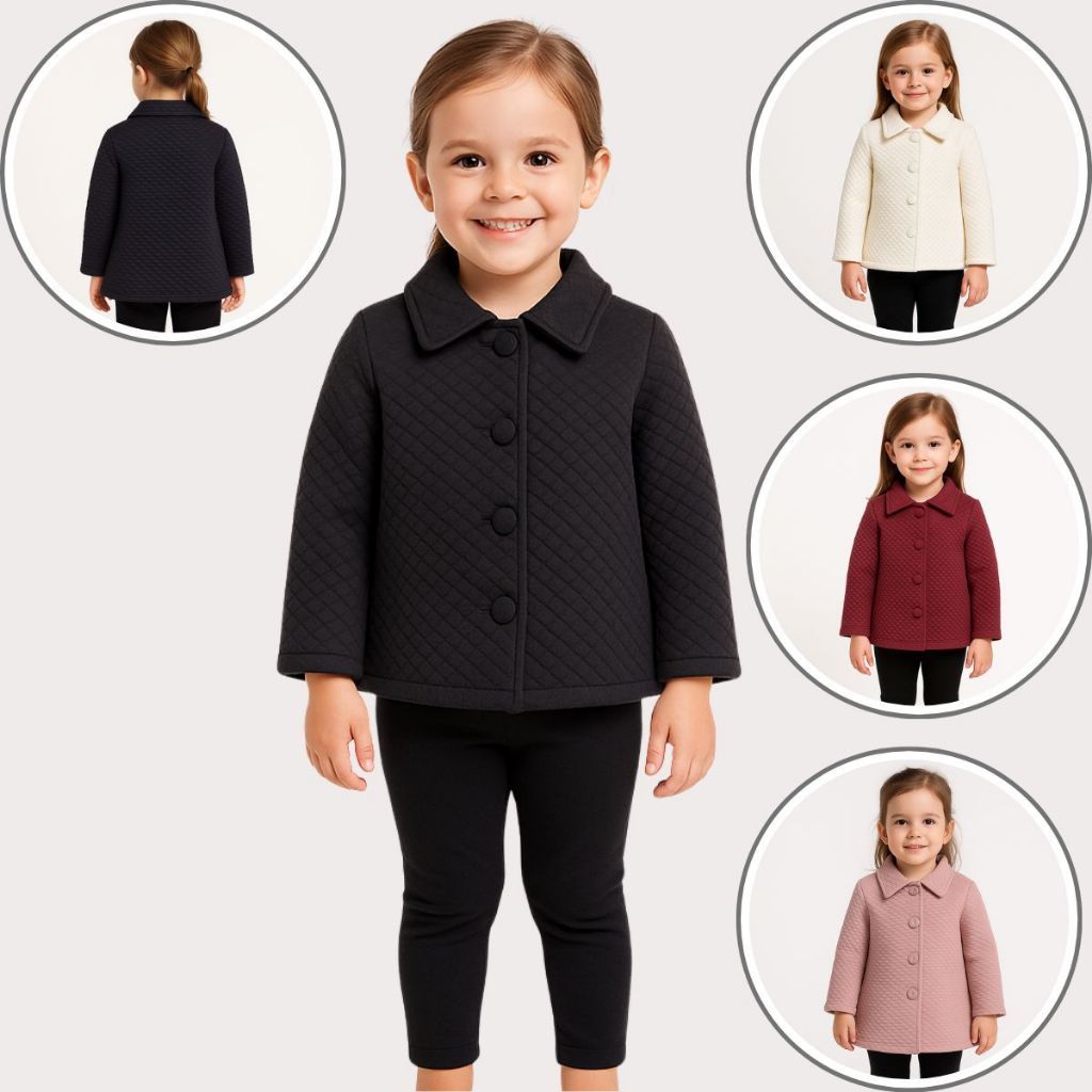 Casaco Infantil Feminino Inverno Quentinho Matelassê Losango com Gola Botões Jaqueta Blusa Menina