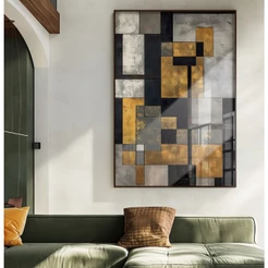 Quadro Decorativo Sala Com Moldura E Vidro Quadro Abstrato Grande Dourado Geométrico Com Vidro